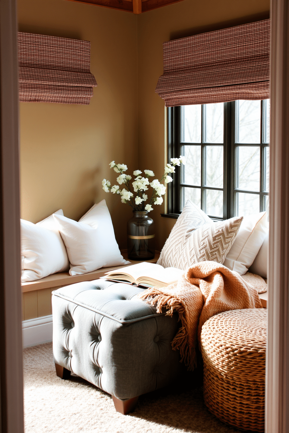 A cozy reading nook featuring a comfortable ottoman as a footrest. The nook is adorned with soft pillows and a warm throw blanket, creating an inviting atmosphere for springtime reading.