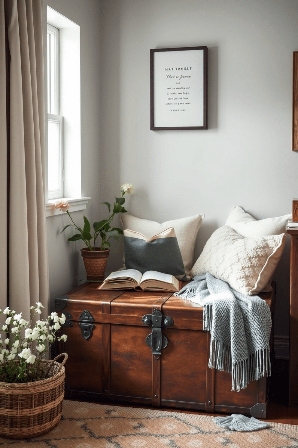 A cozy reading nook featuring a vintage trunk that serves as hidden storage. The nook is adorned with soft cushions and a throw blanket, creating an inviting space for spring reading.