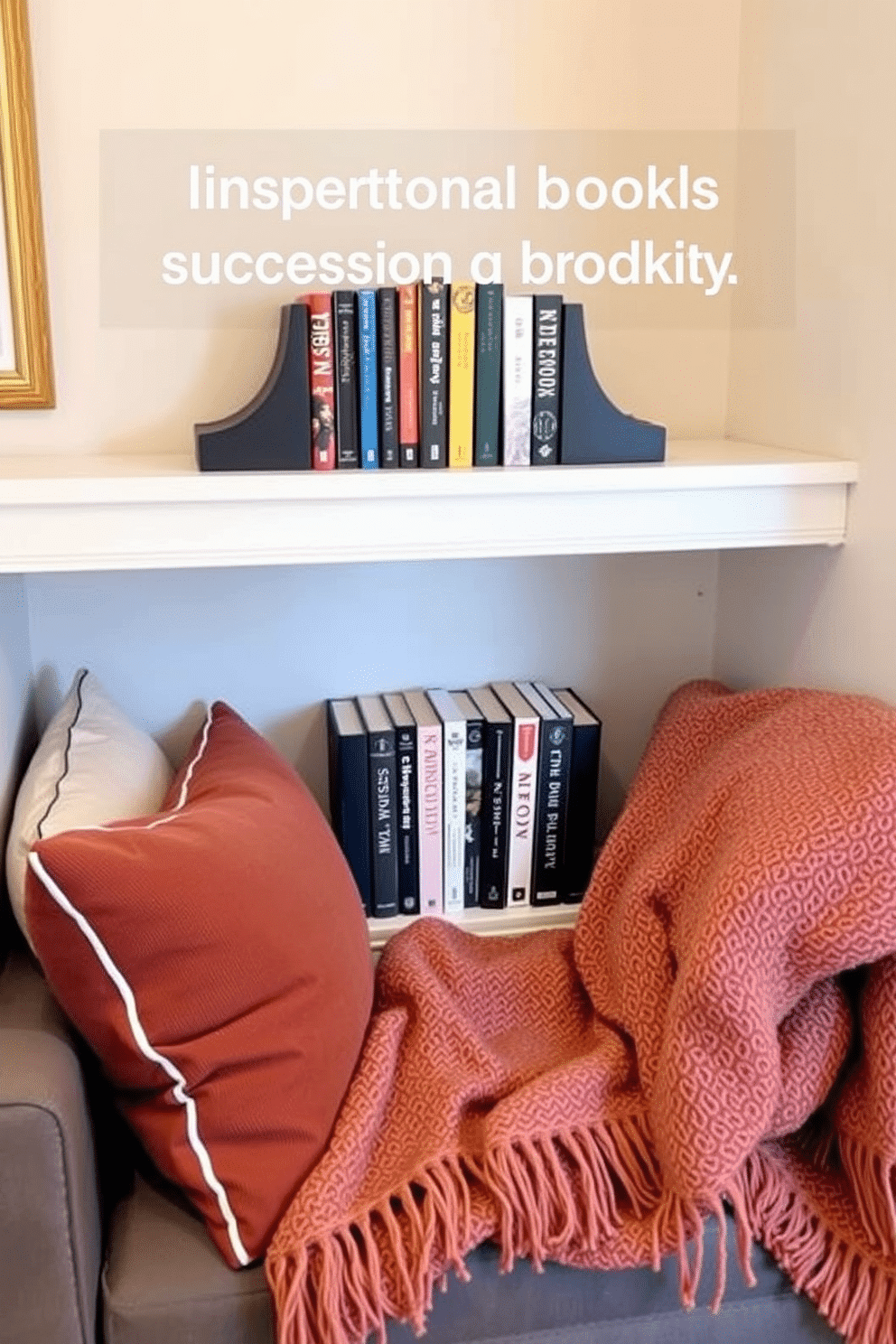 A cozy reading nook featuring inspirational bookends to neatly organize a collection of titles. The space is adorned with soft cushions and a warm throw blanket, inviting readers to settle in and enjoy their favorite books.