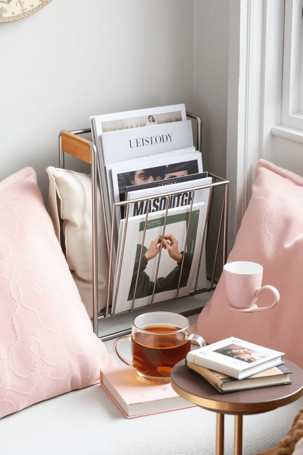 Chic magazine rack for easy access. The rack is crafted from sleek metal with a minimalist design, featuring a warm wood accent that complements the cozy atmosphere of the reading nook. Surrounding the rack, plush cushions in soft pastel colors invite relaxation. A small side table holds a steaming cup of tea and a stack of favorite books, creating an inviting space for spring reading.