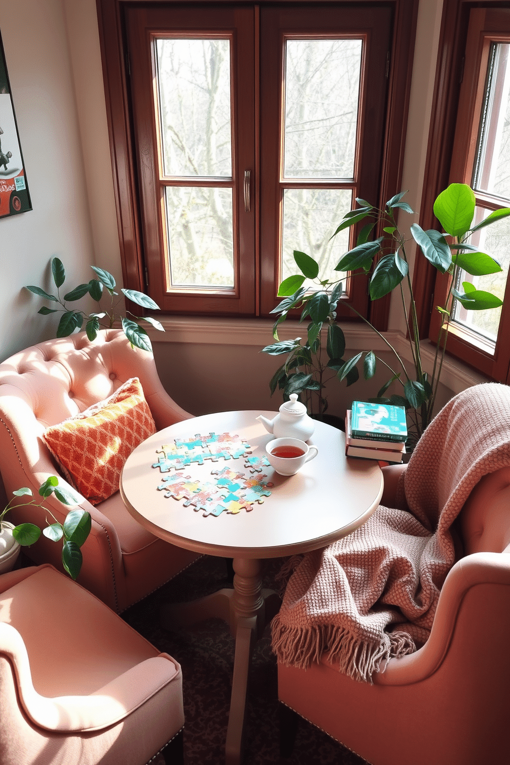 A cozy reading nook featuring a small round table designed for jigsaw puzzles. The table is surrounded by plush armchairs upholstered in soft pastel fabrics, with a large window allowing natural light to flood the space. On the table, a partially completed jigsaw puzzle is spread out, accompanied by a steaming cup of tea and a stack of colorful books. The nook is adorned with leafy indoor plants and a soft throw blanket draped over one of the chairs for added comfort.