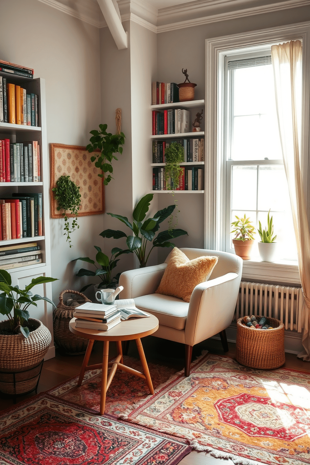 A cozy reading nook adorned with layered rugs that add warmth and texture. The space features a plush armchair in a soft pastel color, surrounded by a small side table holding a stack of books and a steaming cup of tea. Natural light pours in from a nearby window, illuminating the nook with a cheerful ambiance. Shelves filled with books line the walls, and potted plants bring a touch of greenery to the inviting atmosphere.