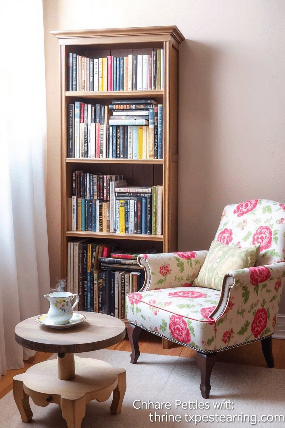 A charming vintage bookshelf filled with an array of colorful books stands against a soft pastel wall. A cozy armchair upholstered in floral fabric is positioned nearby, inviting readers to settle in with their favorite novel. A small side table made of reclaimed wood holds a steaming cup of tea and a decorative plant. Soft natural light filters through sheer curtains, creating a warm and inviting atmosphere perfect for spring reading.