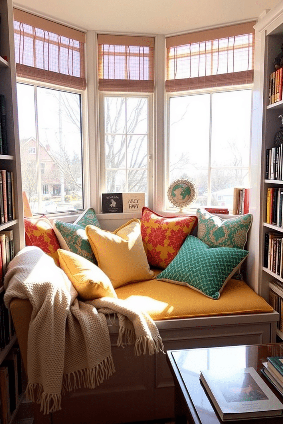 A bright window seat filled with plush, colorful cushions invites relaxation and comfort. Sunlight streams through large windows, illuminating a cozy corner perfect for enjoying a good book. Surrounding the window seat, shelves are lined with an assortment of books and decorative items. A soft throw blanket is draped over the arm of the seat, adding an extra touch of warmth to this inviting spring reading nook.