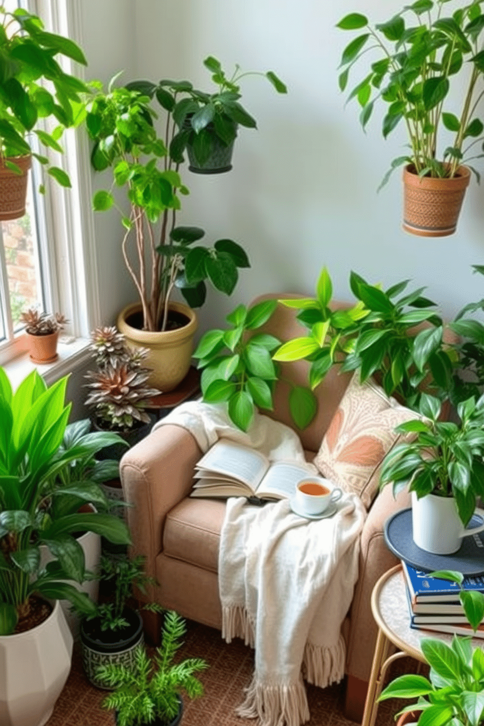 A cozy reading nook filled with lush greenery in decorative pots creates a serene atmosphere. Soft natural light filters through a nearby window, illuminating a comfortable armchair draped with a light throw blanket. Surrounding the nook, various plants in stylish pots add vibrant splashes of color. A small side table holds a stack of books and a steaming cup of tea, inviting relaxation and inspiration.