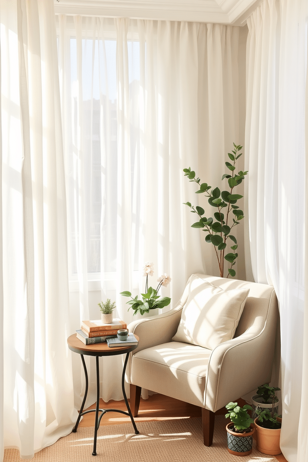 A cozy reading nook bathed in natural light. The space features lightweight curtains that flutter gently with the breeze, creating an airy atmosphere. A plush armchair is positioned next to a small side table stacked with books. Soft pastel accents and potted plants enhance the springtime vibe, inviting relaxation and inspiration.