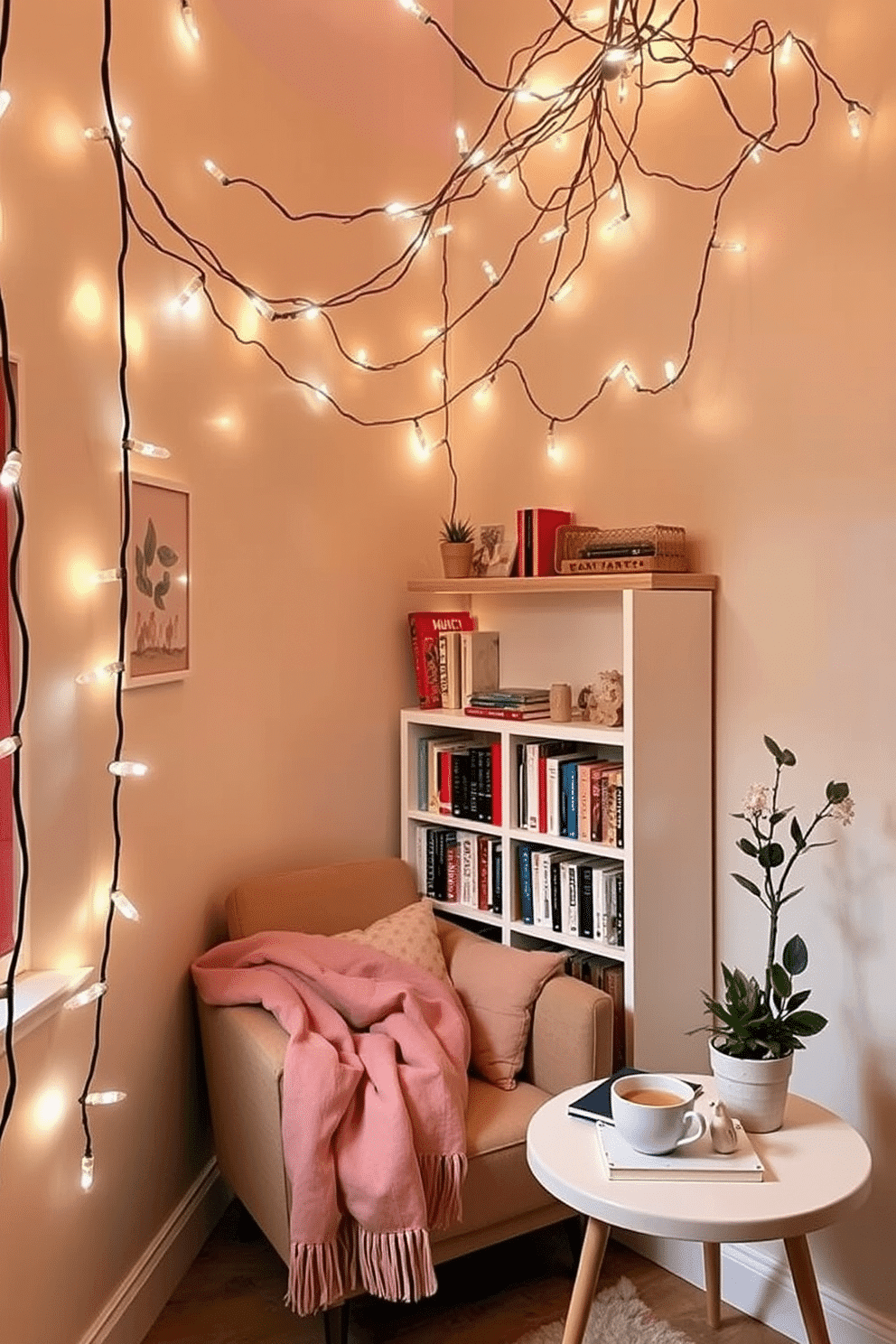 A cozy reading nook filled with whimsical fairy lights strung around the ceiling to create a warm and inviting ambiance. A comfortable armchair is placed in the corner, surrounded by a small bookshelf filled with colorful books and a soft throw blanket draped over the side. The walls are painted in a soft pastel color, enhancing the cheerful atmosphere of the space. A small side table holds a steaming cup of tea and a decorative plant, completing the perfect spring reading retreat.