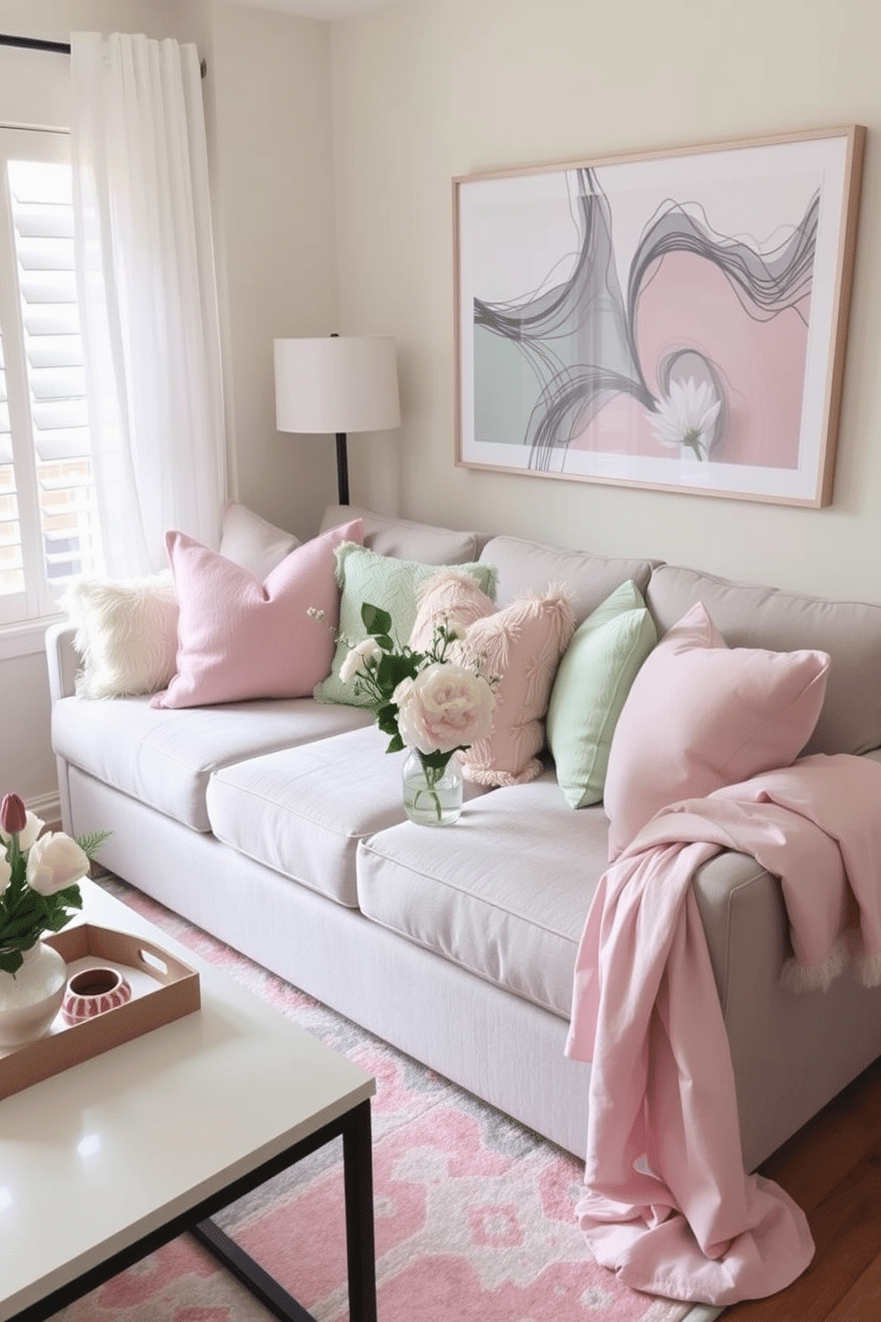 Brighten the small living room with an array of pastel throw pillows in soft shades of pink, mint, and lavender. Arrange the pillows on a light gray sofa to create a cozy and inviting atmosphere, complemented by a pastel area rug beneath. Incorporate fresh spring decor elements such as a vase of blooming flowers on a coffee table. Add a few decorative accents like a pastel-colored throw blanket draped over the arm of the sofa for an extra touch of warmth and style.