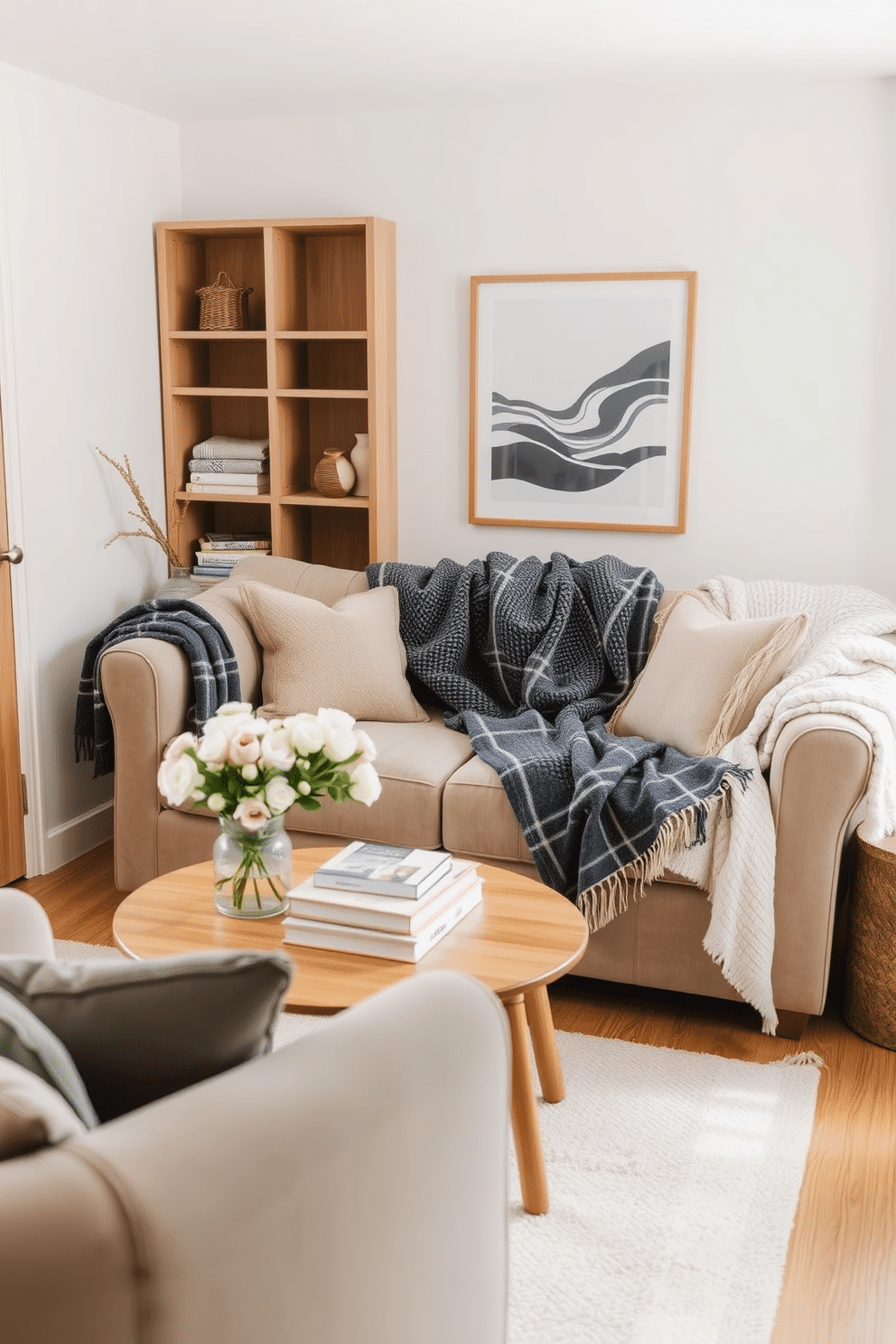 A cozy small living room adorned with soft blankets layered on a plush sofa. The space features a light pastel color palette with natural wood accents and a small coffee table topped with decorative books and a vase of fresh flowers.