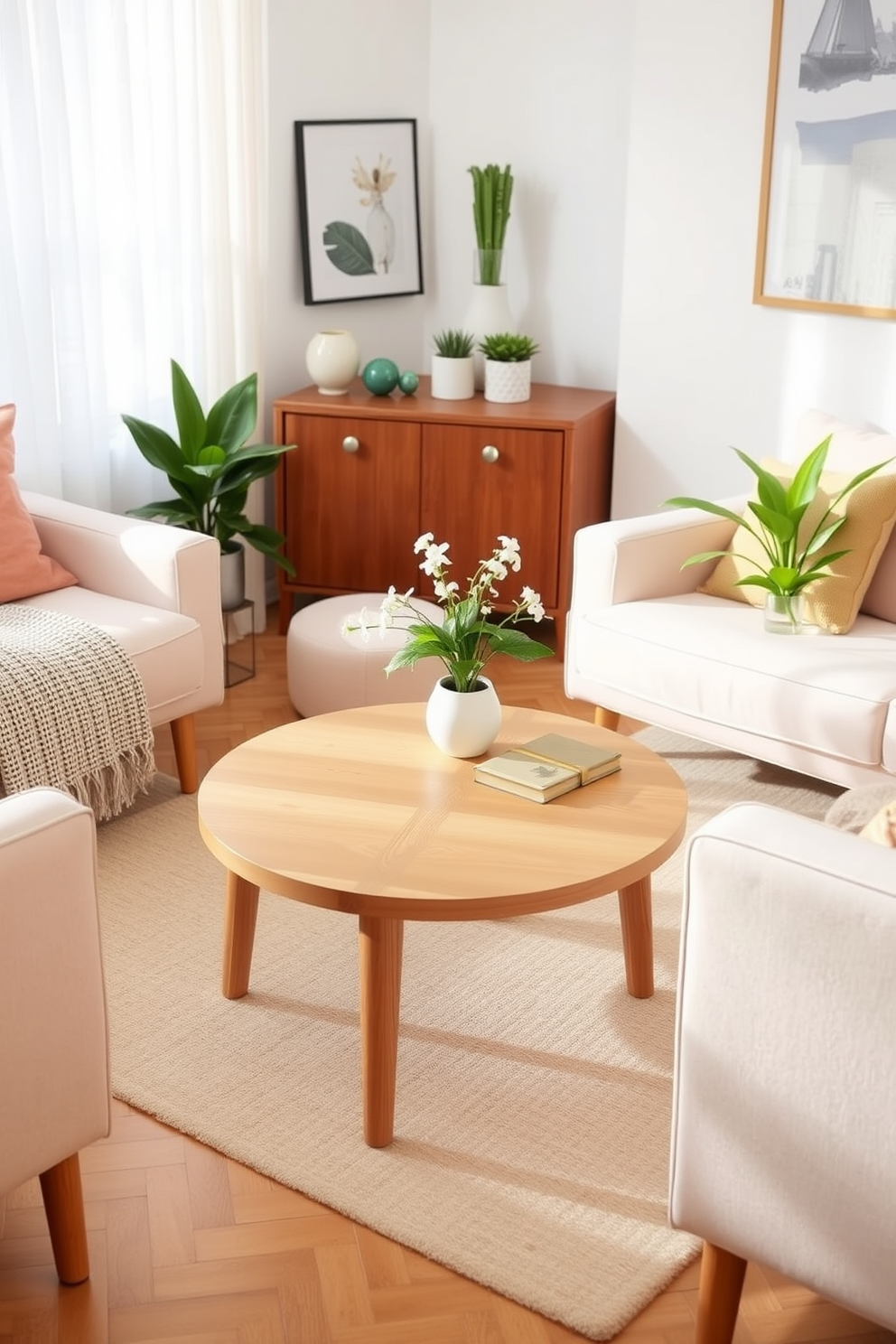 A light coffee table design made of natural wood with a sleek, minimalist aesthetic. It features a round top and slender legs that create an airy feel in the spring small living room setup. Surrounding the coffee table are plush, pastel-colored sofas that invite relaxation. Bright green plants in decorative pots add a refreshing touch to the overall decor.