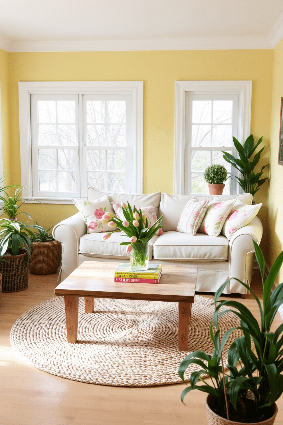 A cozy small living room filled with natural light. The walls are painted in a soft pastel yellow, and the furniture is arranged to create an inviting atmosphere. A light beige sofa is adorned with floral-patterned cushions in shades of pink and green. A delicate coffee table made of reclaimed wood sits in the center, topped with a vase of fresh tulips and a stack of colorful spring-themed books. A woven area rug in soft neutral tones adds warmth to the space. Fresh greenery in decorative pots is placed in the corners, enhancing the lively spring vibe.