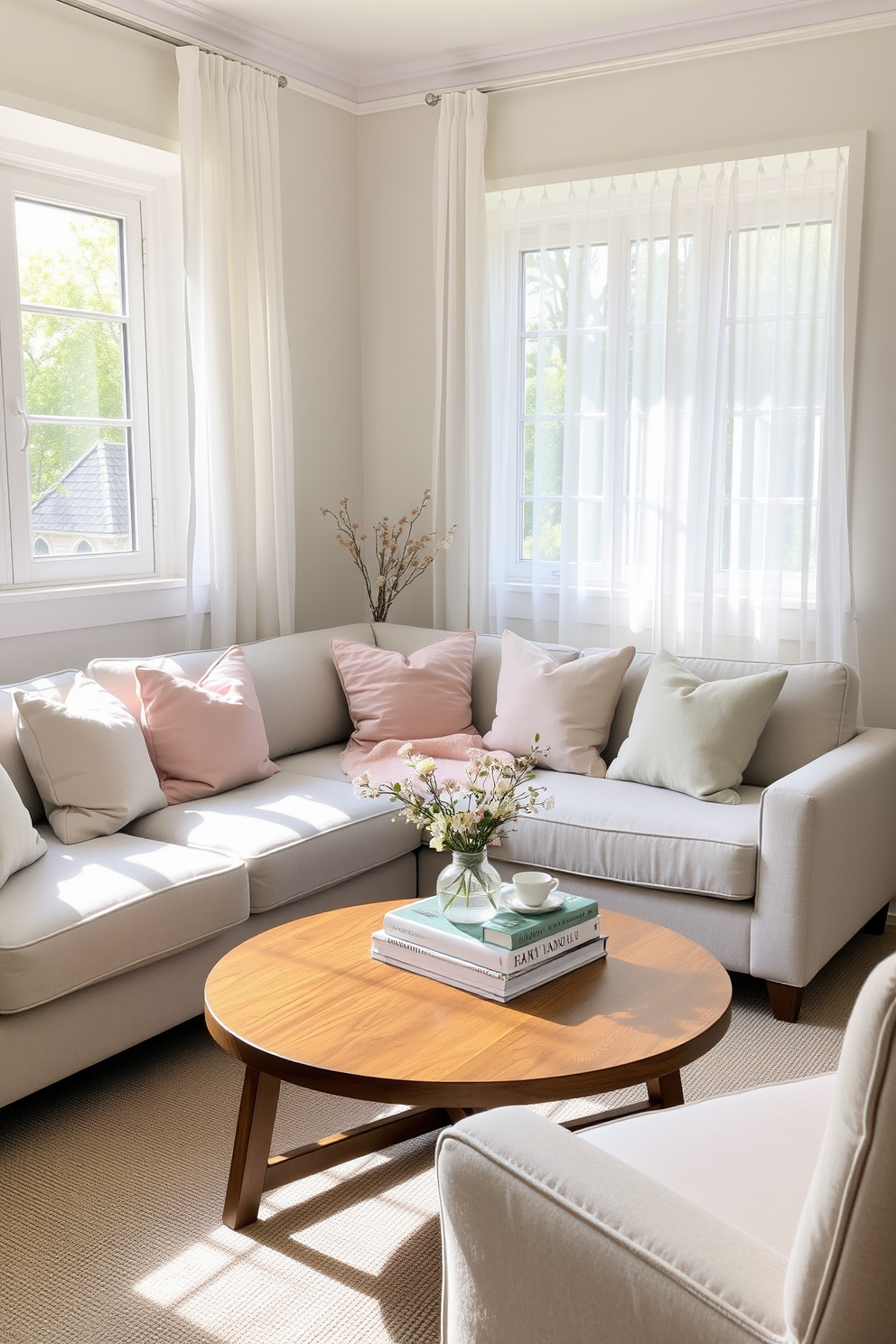 A cozy small living room filled with natural light. Soft pastel walls create a serene backdrop for a plush light gray sofa adorned with pastel throw pillows. A round wooden coffee table sits at the center, topped with a delicate floral arrangement and a stack of art books. Light sheer curtains frame the windows, allowing gentle sunlight to filter in and brighten the space.