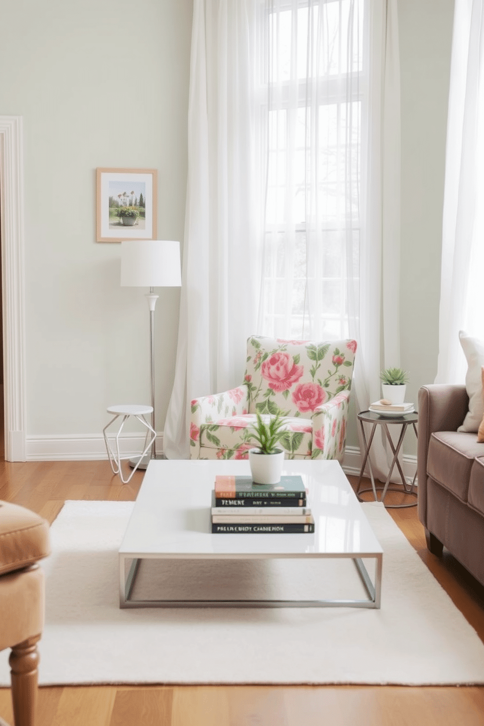 A charming small living room featuring a floral print accent chair that adds a touch of vibrancy to the space. The walls are painted in a soft pastel hue, and a light-colored area rug anchors the seating area, creating a cozy atmosphere. A sleek coffee table sits in front of the chair, adorned with a stack of art books and a small potted plant. Natural light pours in through sheer curtains, enhancing the cheerful ambiance of this spring-inspired decor.