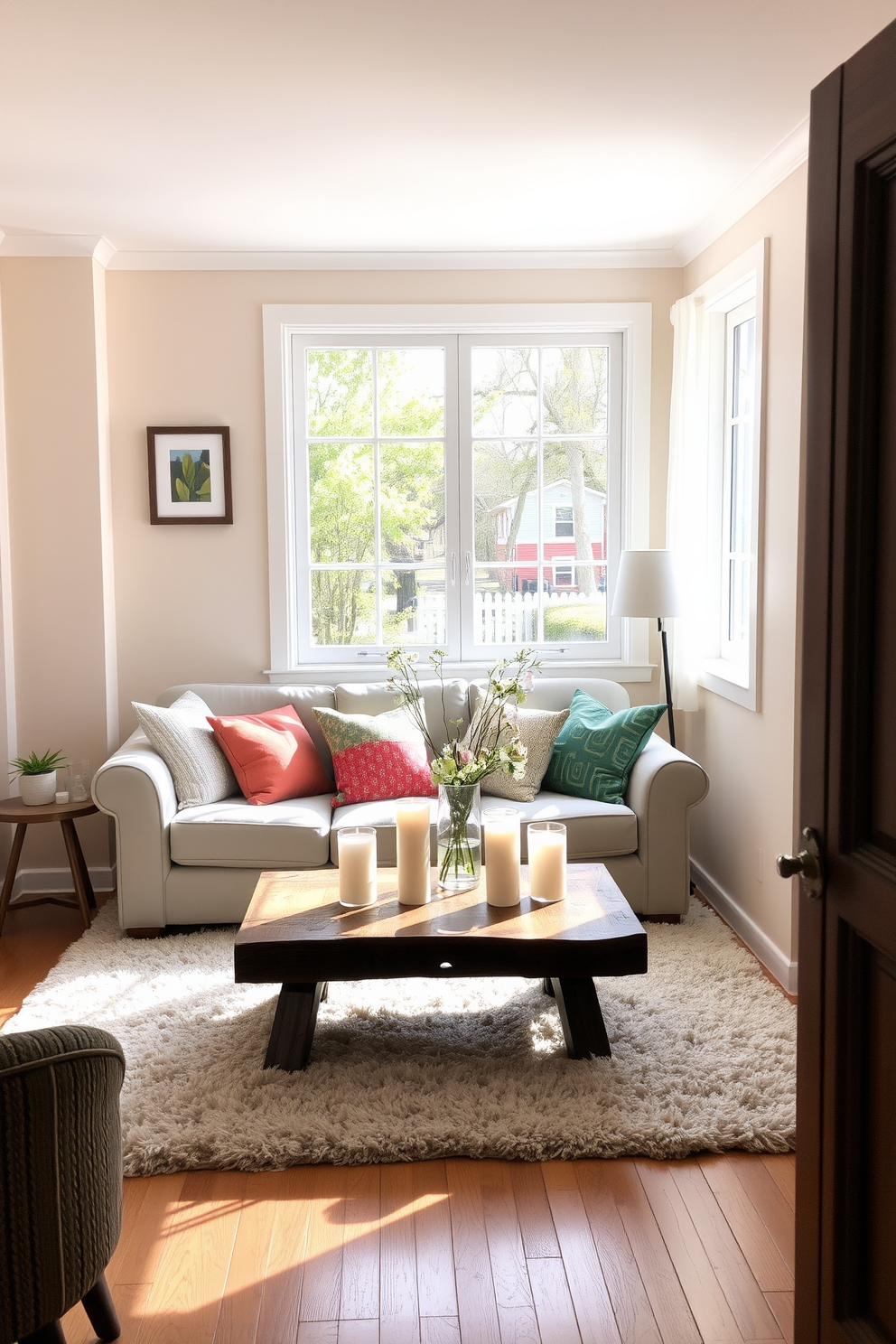 A cozy small living room filled with natural light. Soft pastel colors adorn the walls, and a plush area rug anchors the seating area. A stylish sofa is paired with a set of colorful throw pillows, creating an inviting atmosphere. A coffee table made of reclaimed wood sits in the center, adorned with candles of varying heights for a warm ambiance. Fresh flowers in a simple vase add a touch of spring to the decor. A few framed artworks hang on the walls, enhancing the cheerful vibe of the space.