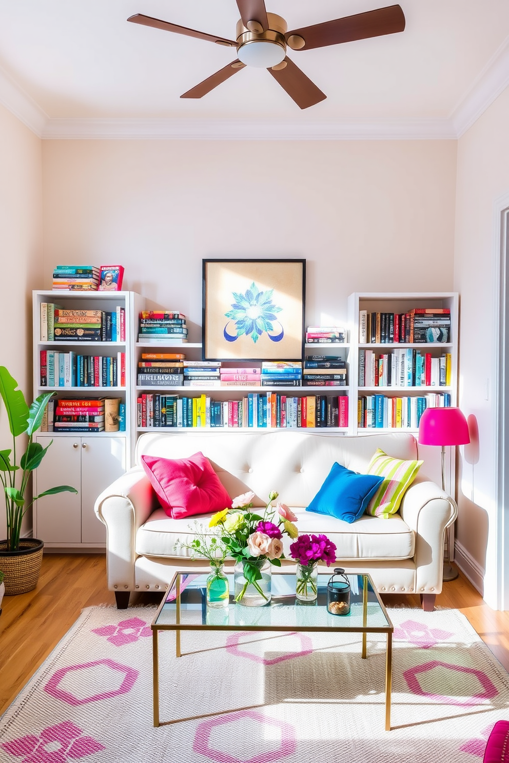 A vibrant small living room filled with natural light. The walls are painted in a soft pastel color, and a cozy sofa is adorned with colorful throw pillows. A stylish bookshelf showcases an array of books with bright, eye-catching covers. A small coffee table sits in front of the sofa, topped with fresh flowers and decorative items.