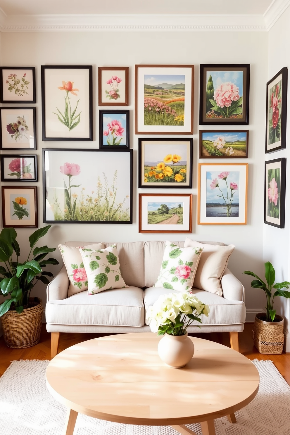 Create a gallery wall featuring vibrant spring-themed artwork. The wall is adorned with a mix of framed botanical prints and colorful landscapes, creating a lively focal point in the room. In a small living room, incorporate soft pastel colors and light fabrics to enhance the space. A cozy sofa with floral cushions complements a light wooden coffee table, while potted plants add a fresh touch to the decor.