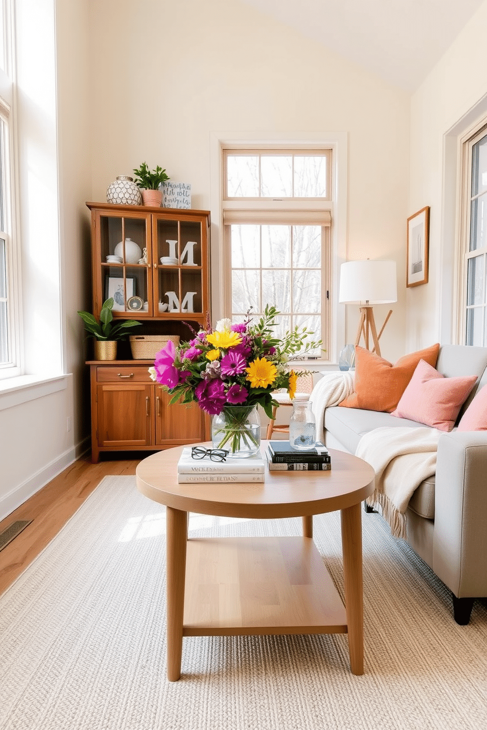 A charming small living room decorated for spring. There's a light wood accent table in the center, adorned with a vibrant floral arrangement and a few stylish books. The walls are painted in a soft pastel hue, and a cozy sofa is draped with a light throw blanket. Large windows allow natural light to flood the space, enhancing the fresh and airy atmosphere.