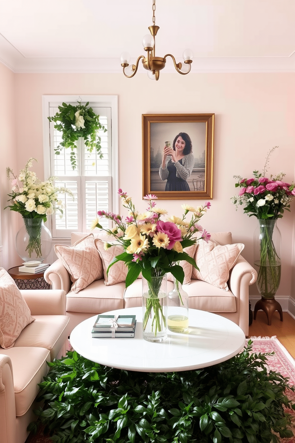 A charming small living room adorned with fresh flowers in elegant vases. The space features a soft pastel color palette with a cozy sofa and a stylish coffee table surrounded by vibrant greenery.