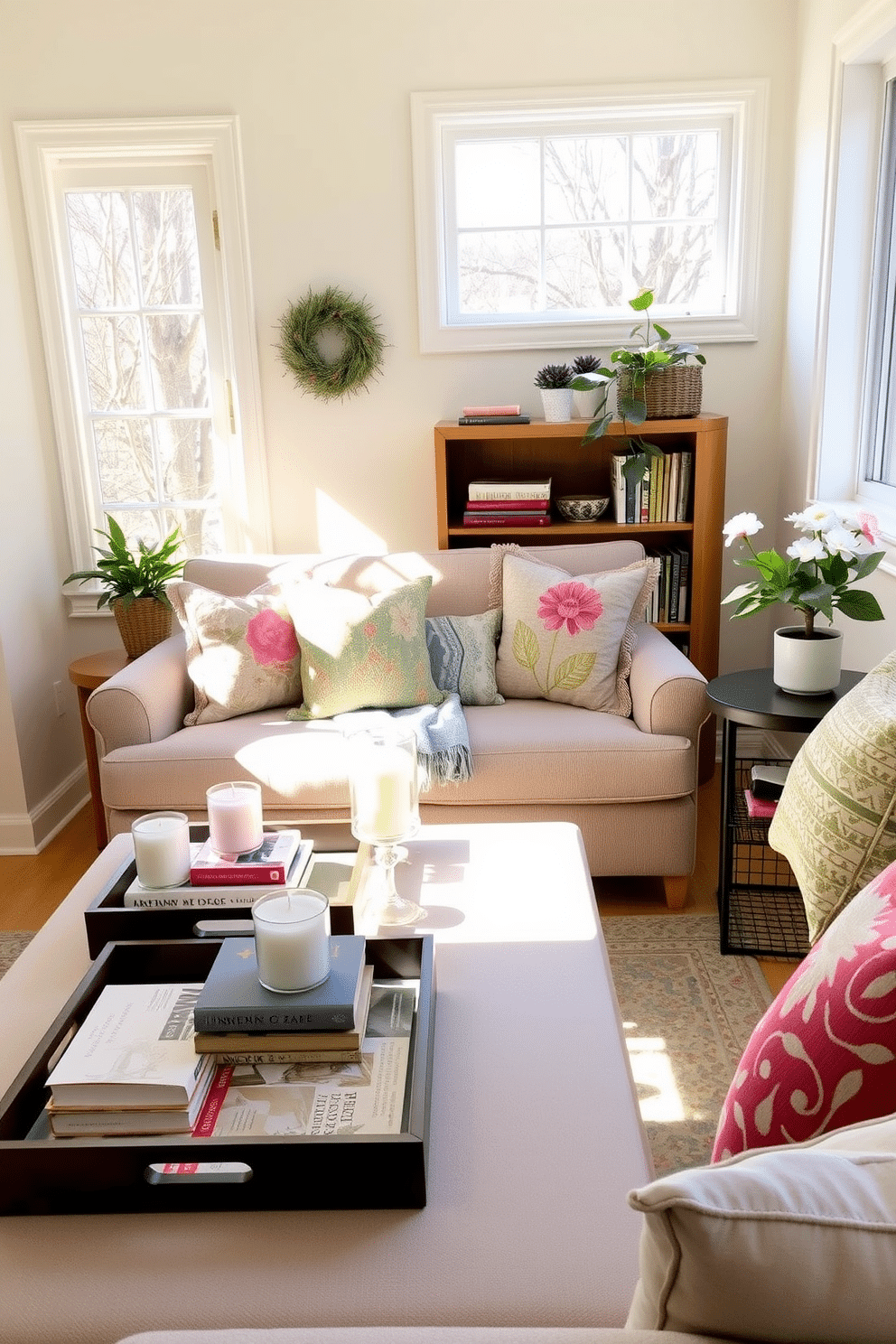 A charming small living room filled with natural light. There are decorative trays on the coffee table, showcasing books and candles, adding a touch of organization and style. The walls are painted in a soft pastel hue, creating a fresh and inviting atmosphere. A cozy sofa is adorned with colorful cushions, and a small potted plant sits on the side table, enhancing the spring vibe.