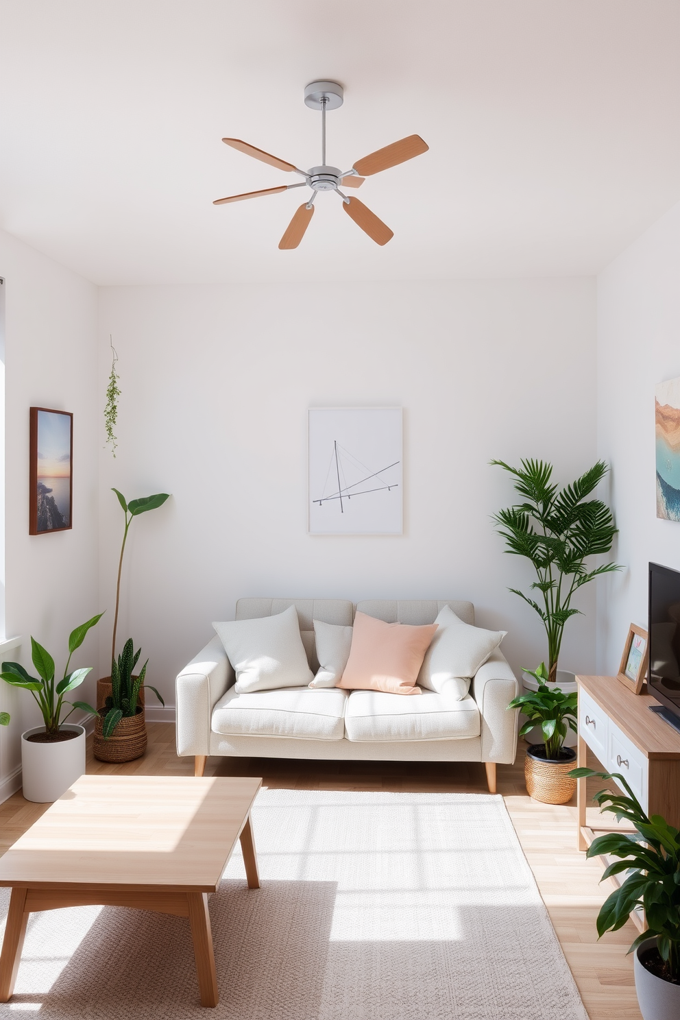 A bright and inviting small living room features a light fixture with a modern design that incorporates natural elements. The space is adorned with pastel-colored cushions on a cozy sofa, complemented by a light wooden coffee table and a soft area rug. The walls are painted in a soft white, allowing the natural light to flood the room and create an airy atmosphere. Potted plants are strategically placed to enhance the freshness of the space, while decorative art pieces add a touch of personality.