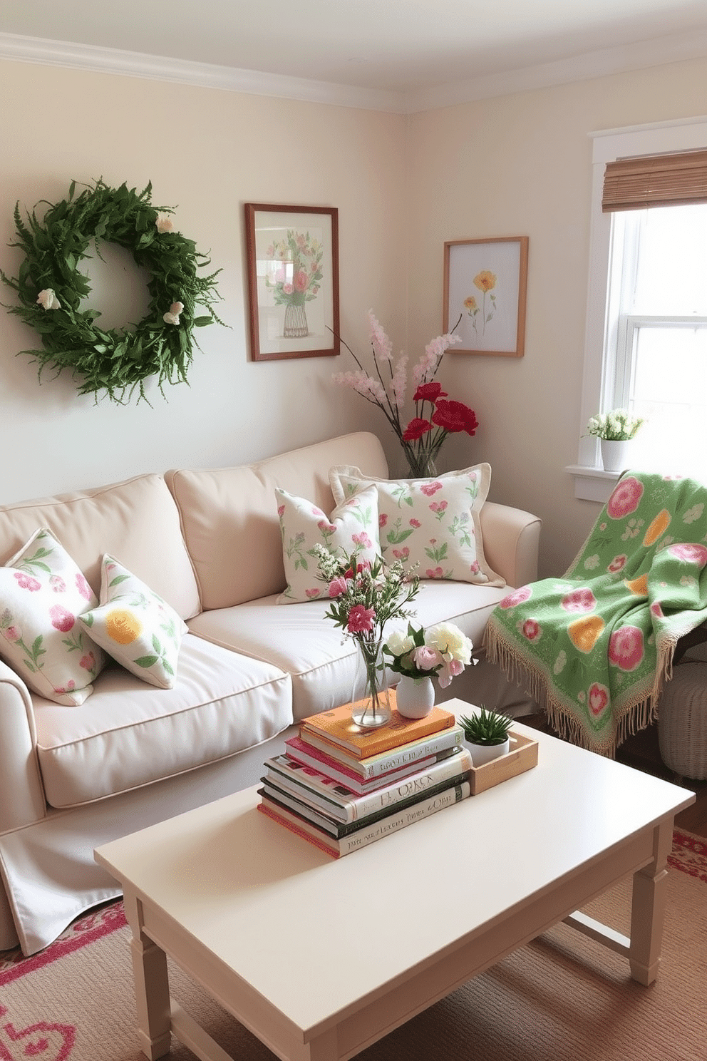 A cozy small living room filled with whimsical spring-themed decor. A soft pastel-colored sofa is adorned with throw pillows in floral patterns, and a vibrant spring-themed throw blanket is draped over the armrest. The walls are painted in a light, airy hue that complements the seasonal theme. A small coffee table sits in the center, topped with a vase of fresh flowers and a couple of colorful books for a cheerful touch.