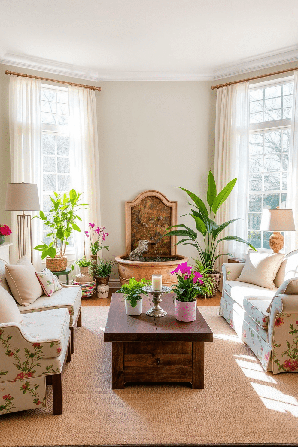 A cozy spring living room featuring a small indoor fountain as a focal point. The walls are painted in soft pastel colors, and natural light streams in through large windows adorned with light, airy curtains. A comfortable sofa with floral patterns is positioned opposite the fountain, complemented by a couple of accent chairs. A coffee table made of reclaimed wood sits in the center, surrounded by vibrant potted plants that enhance the fresh atmosphere.