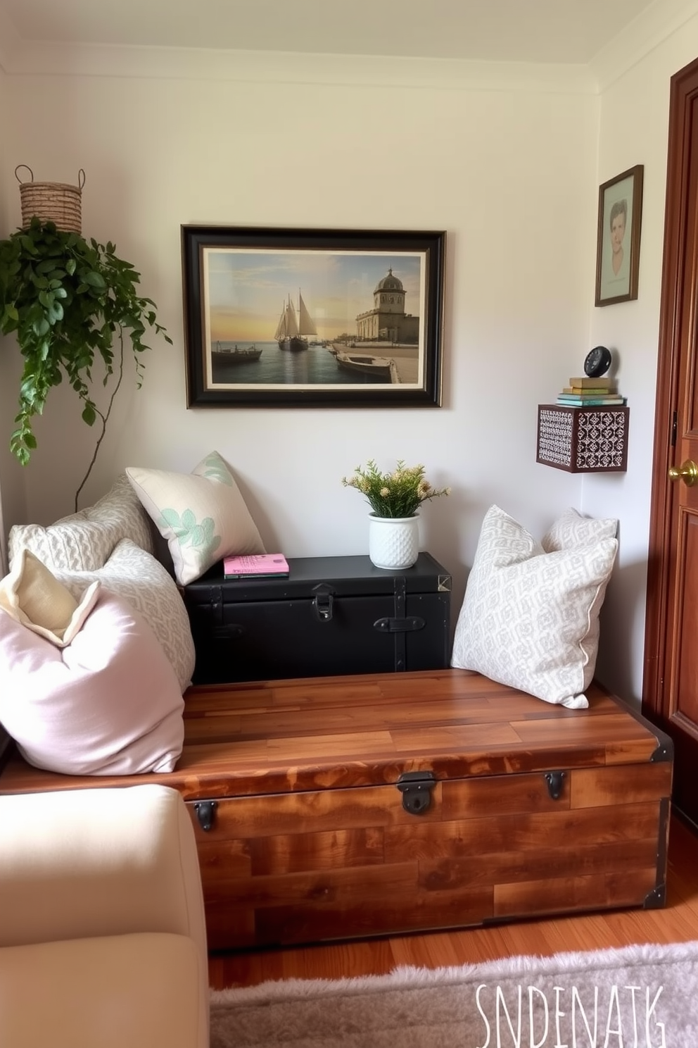 A cozy small living room featuring a vintage trunk used as extra seating. The room is adorned with pastel-colored cushions and a soft area rug, creating a warm and inviting atmosphere.