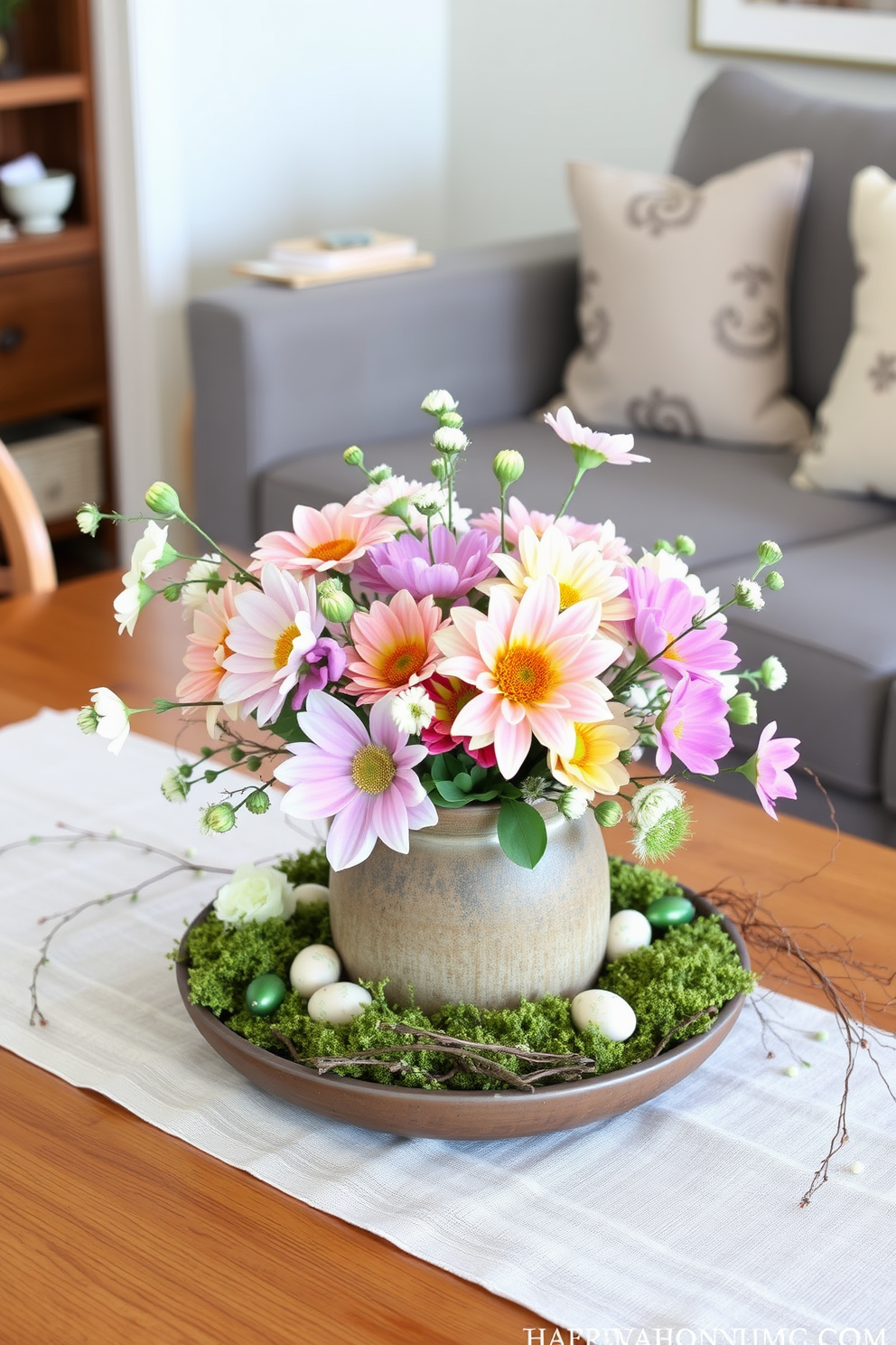 Create a vibrant seasonal centerpiece for a small living room table that captures the essence of spring. Use fresh flowers in pastel colors arranged in a rustic ceramic vase, surrounded by decorative moss and small decorative eggs. Incorporate natural elements like twigs and greenery to add texture and depth. Place the centerpiece on a light linen table runner to enhance the spring theme and create a cozy atmosphere.