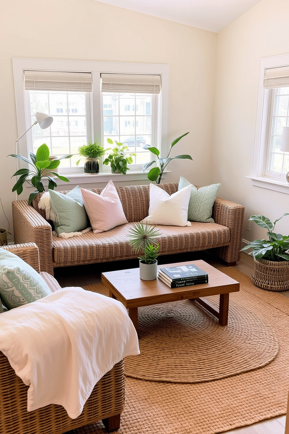 A cozy small living room filled with natural light. The space features a woven texture sofa adorned with pastel cushions and a jute area rug underfoot. A wooden coffee table sits at the center, topped with a small potted plant and a stack of art books. Walls are painted in a soft cream color, complemented by green accents in the decor.