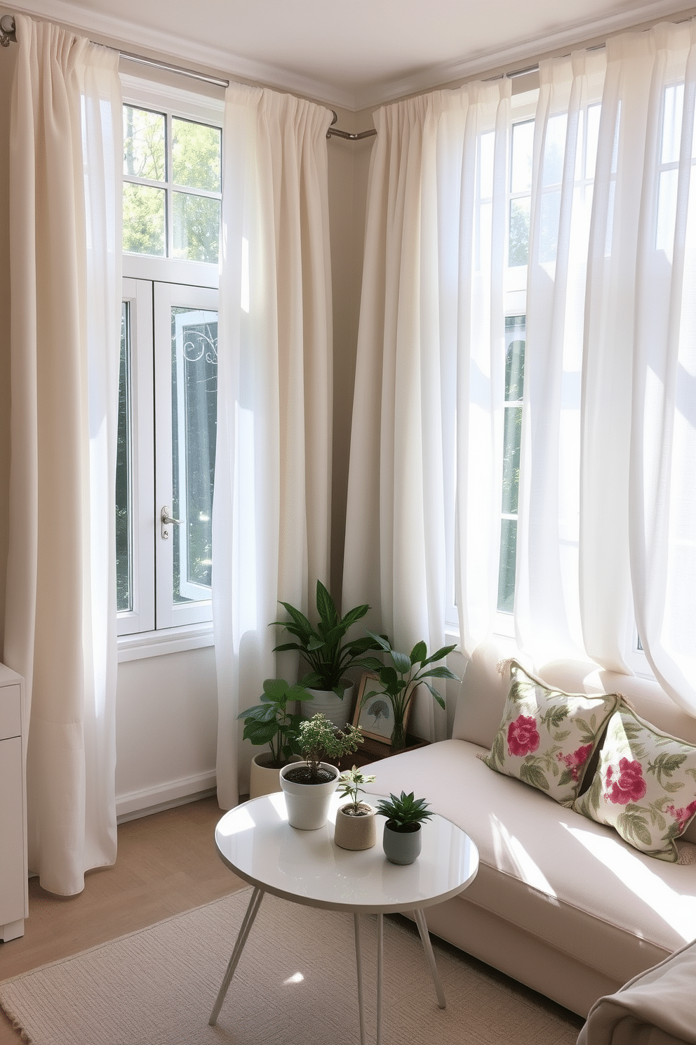 A cozy small living room filled with natural light. Light linen curtains drape elegantly at the windows, creating an airy atmosphere. The room features a soft pastel color palette with a comfortable sofa adorned with floral cushions. A small coffee table sits in the center, surrounded by potted plants and a few artful decor pieces.