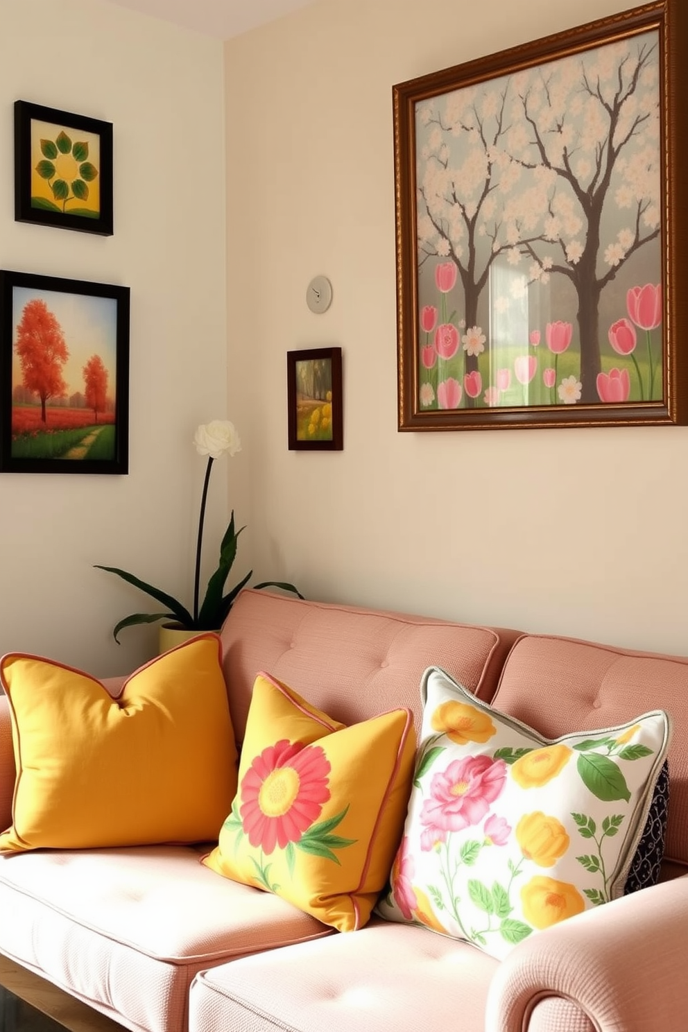 A cozy small living room adorned with seasonal artwork that reflects the vibrancy of spring. The walls are painted in soft pastel colors, and a comfortable sofa is accented with bright throw pillows featuring floral patterns.