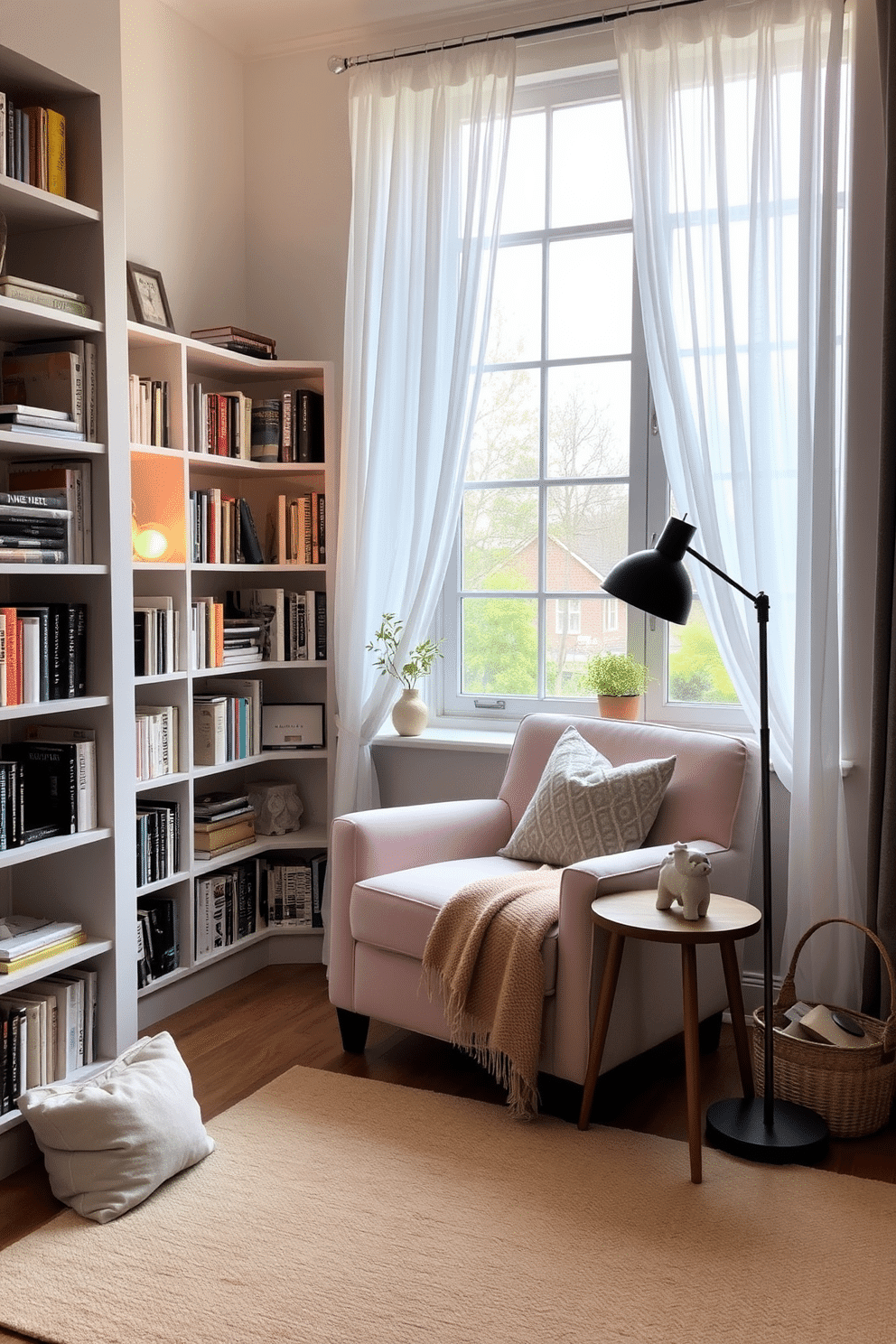 A cozy reading nook corner features a plush armchair upholstered in soft pastel fabric positioned next to a small wooden side table. A warm throw blanket is draped over the chair, and a stylish floor lamp casts a gentle glow, inviting relaxation. Surrounding the nook are shelves filled with books and decorative items, creating an inviting atmosphere. A large window lets in natural light, framed by sheer curtains that flutter softly in the breeze.