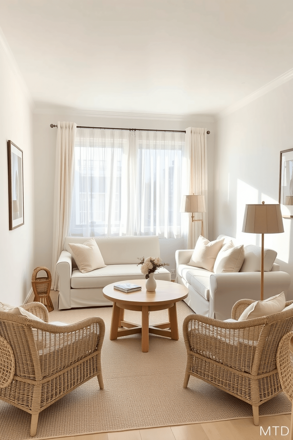 A bright and airy small living room with light-colored furniture and soft pastel accents. The walls are painted in a soft white shade, and a light beige sofa is adorned with pastel throw pillows. A round coffee table with a light wood finish sits in the center, surrounded by a couple of woven chairs. A large window allows natural light to flood the space, and sheer curtains gently frame the view outside.