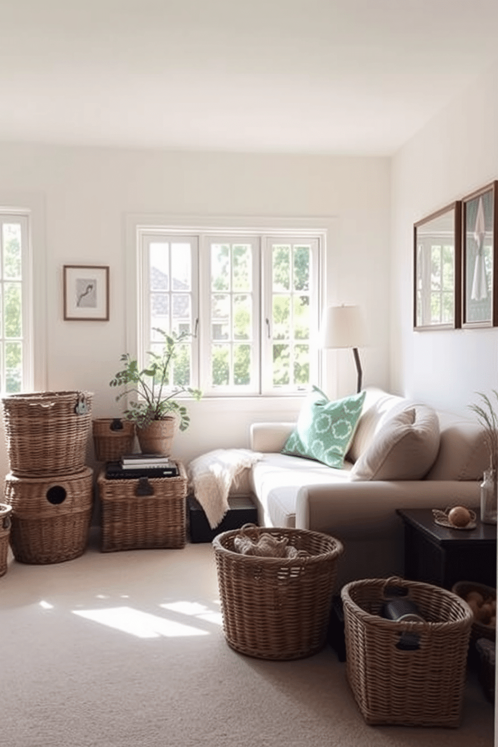 A cozy small living room filled with natural light. Decorative baskets are strategically placed around the room for stylish storage solutions. The walls are painted in a soft pastel hue that enhances the airy feel. A comfortable sofa is adorned with colorful throw pillows, complementing the overall decor.