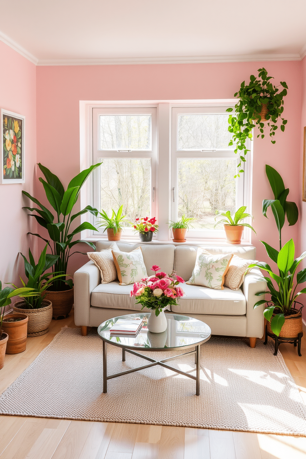 A cozy spring small living room filled with natural light. There are potted plants of varying heights placed in the corners, adding a vibrant touch of greenery to the space. A soft pastel color palette adorns the walls, creating a fresh and inviting atmosphere. A comfortable sofa is paired with a textured area rug, and a coffee table features a small arrangement of seasonal flowers.