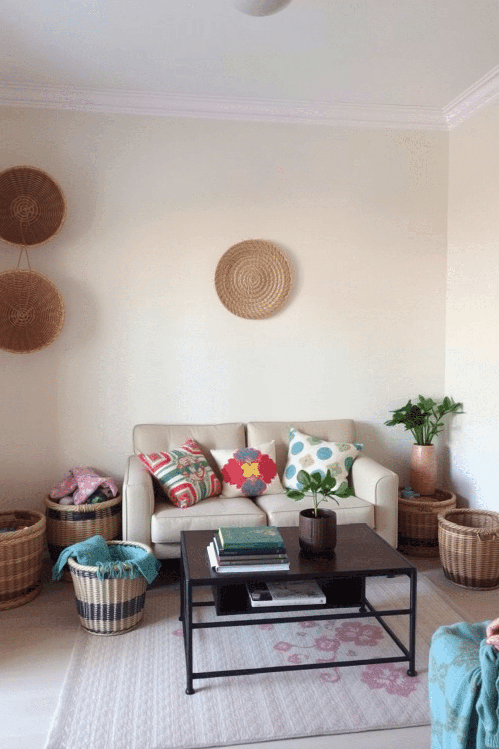 A cozy living room with a light and airy feel. Decorative baskets are placed strategically around the space for stylish storage solutions. The walls are painted in a soft pastel hue, creating a refreshing atmosphere. A small, comfortable sofa is adorned with colorful cushions, and a coffee table features a few decorative books and a small plant.