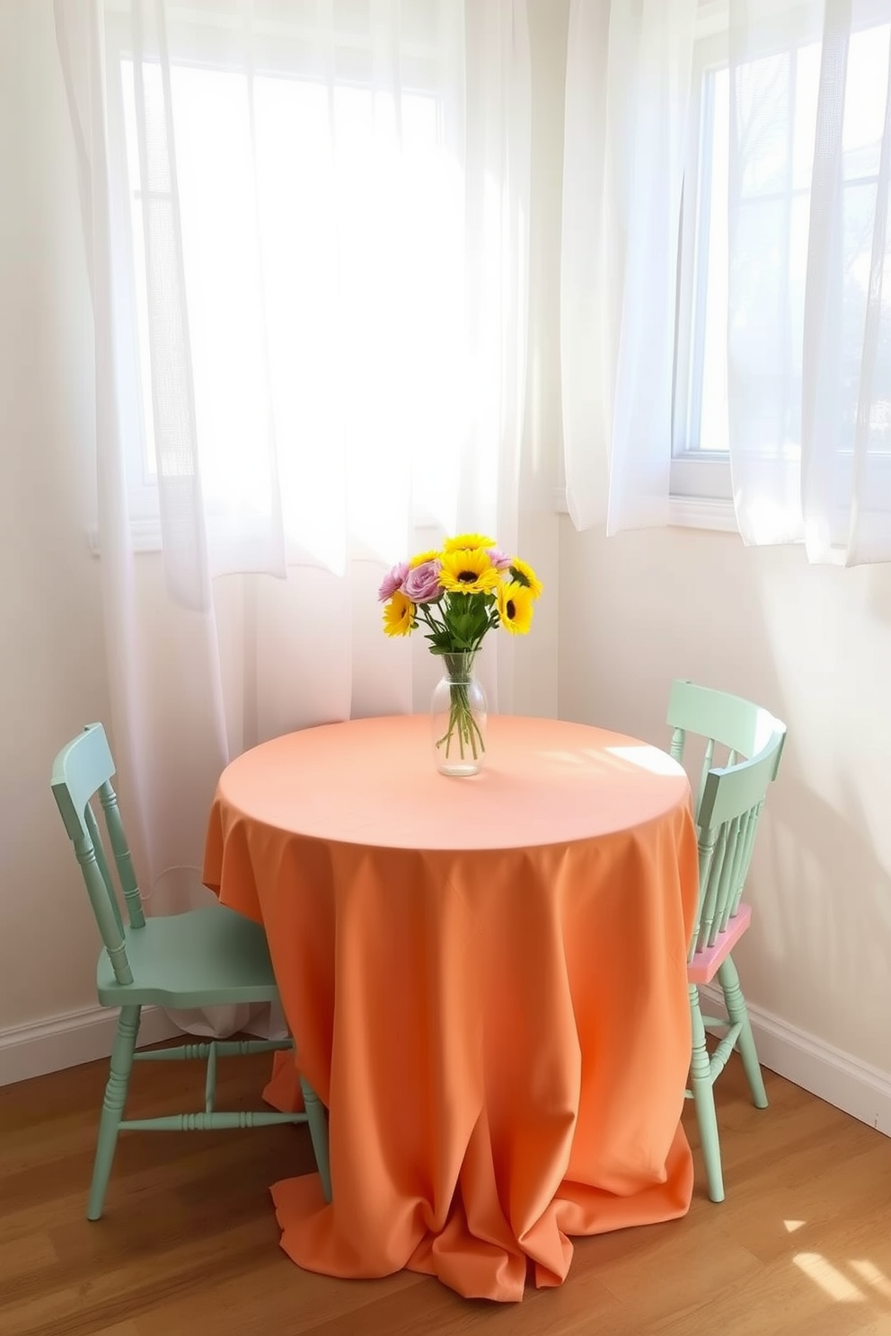 A bright tablecloth drapes over a small round dining table, creating a cheerful focal point in the space. Surrounding the table are four mismatched chairs, each painted in a different pastel color, adding a playful touch to the decor. Fresh flowers in a vibrant vase sit at the center of the table, enhancing the inviting atmosphere. Soft natural light filters through sheer curtains, illuminating the cozy corner and making the small space feel open and airy.