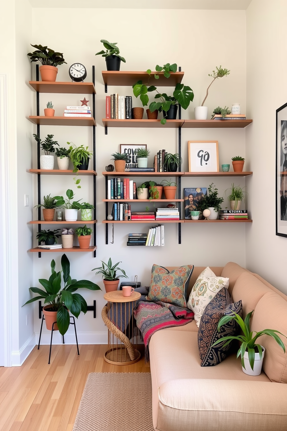 A stylish small living area featuring vertical shelves that maximize space. The shelves are filled with potted plants, books, and decorative objects, creating a vibrant and inviting atmosphere. The walls are painted in a soft pastel color to enhance the sense of openness. A compact sofa in a neutral tone is placed against one wall, complemented by a colorful throw and cushions for added comfort.