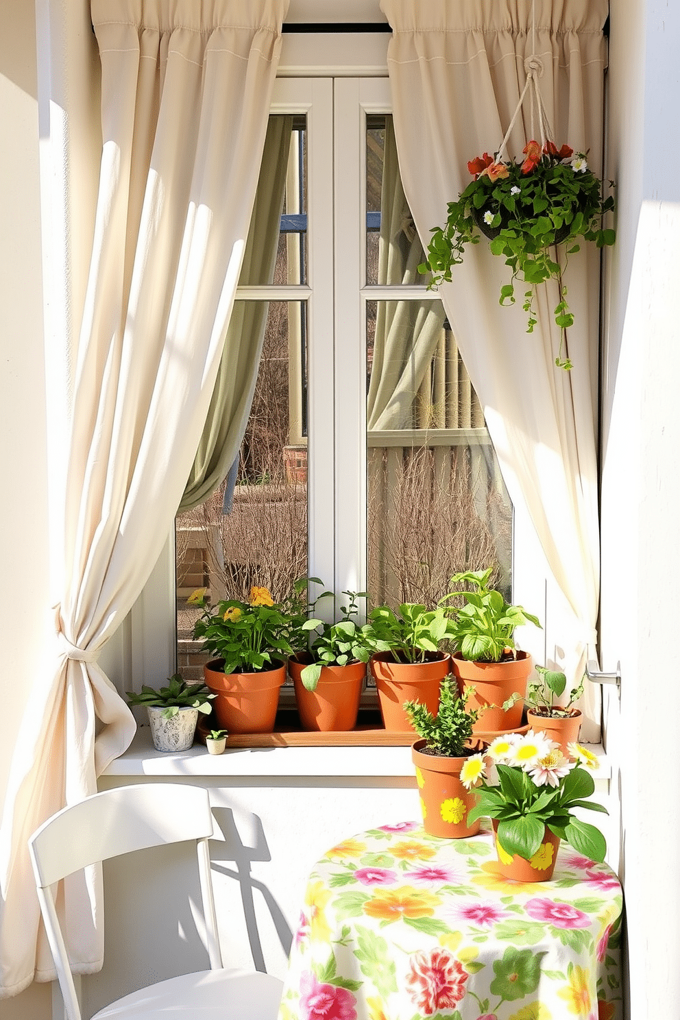 A charming small space decorated for spring features a cozy nook with a small indoor herb garden. The garden is arranged in rustic terracotta pots on a sunny windowsill, surrounded by light, airy curtains that flutter gently in the breeze. The walls are painted in a soft pastel shade, creating a fresh and inviting atmosphere. A small table adorned with a colorful tablecloth sits nearby, complemented by cheerful floral accents and a few gardening tools for easy access.