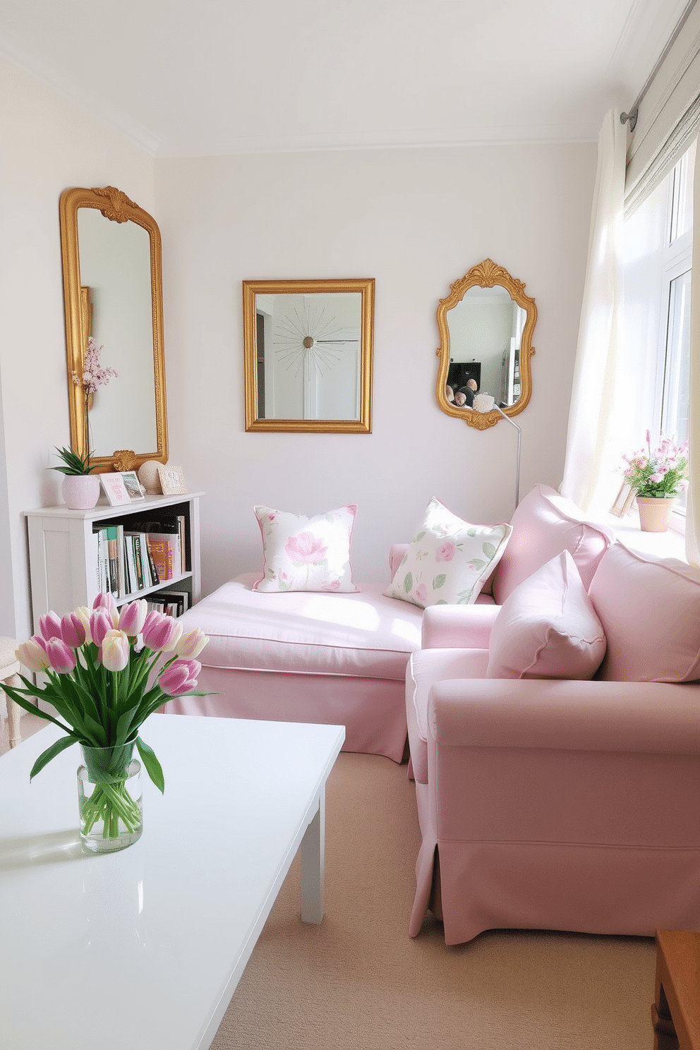 A bright and airy small living room decorated for spring. The space features light pastel colors with floral accents, including a soft pink sofa and a white coffee table adorned with a vase of fresh tulips. Mirrors are strategically placed on the walls to reflect natural light and create an illusion of a larger space. A cozy reading nook with a comfortable armchair sits beside a window, complemented by a small bookshelf filled with colorful spring-themed books.