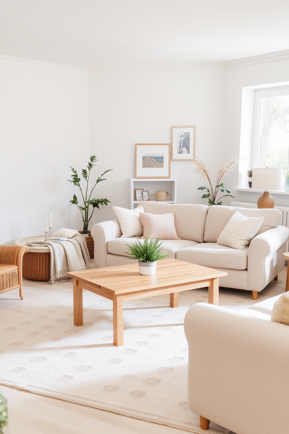 A cozy living room filled with light-colored furniture accents that create an airy atmosphere. A soft beige sofa is paired with pastel-colored throw pillows, while a light oak coffee table sits at the center, adorned with a small potted plant. The walls are painted in a soft white hue, enhancing the sense of space. A delicate area rug in muted tones anchors the seating area, and a large window allows natural light to flood the room, making it feel inviting and cheerful.