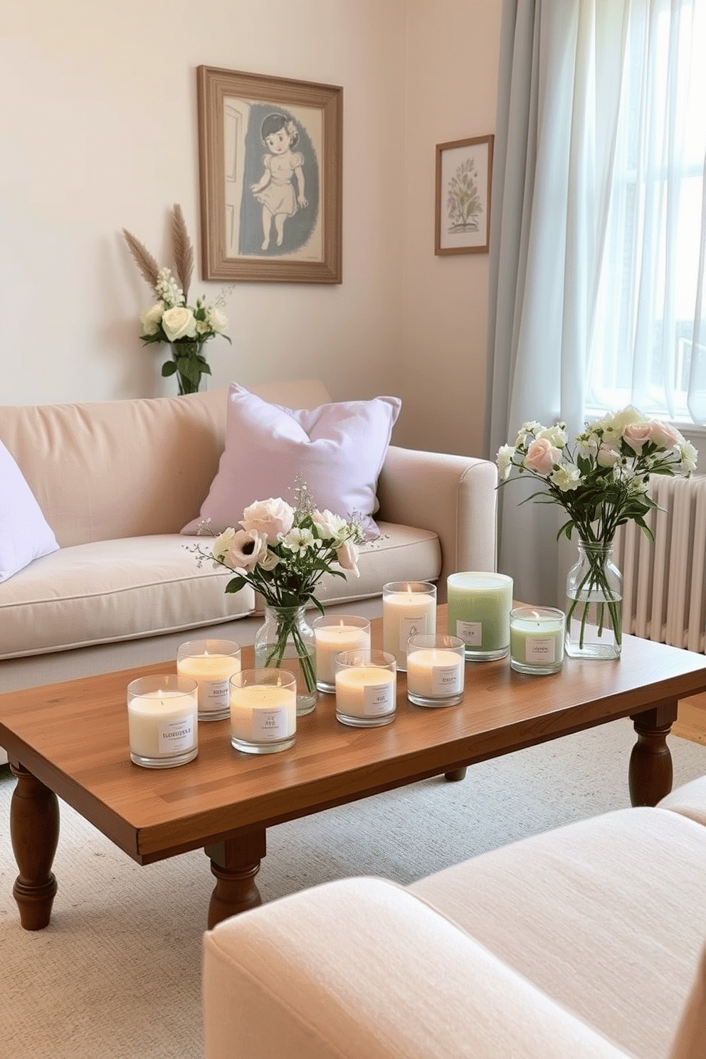 A cozy small living space adorned with soft pastel colors and light fabrics. On a wooden coffee table, an array of scented candles in spring floral fragrances are arranged, creating a warm and inviting atmosphere. A plush sofa is accented with cushions in shades of lavender and mint green. Fresh flowers in a vase add a touch of nature, while sheer curtains allow natural light to fill the room, enhancing the seasonal charm.