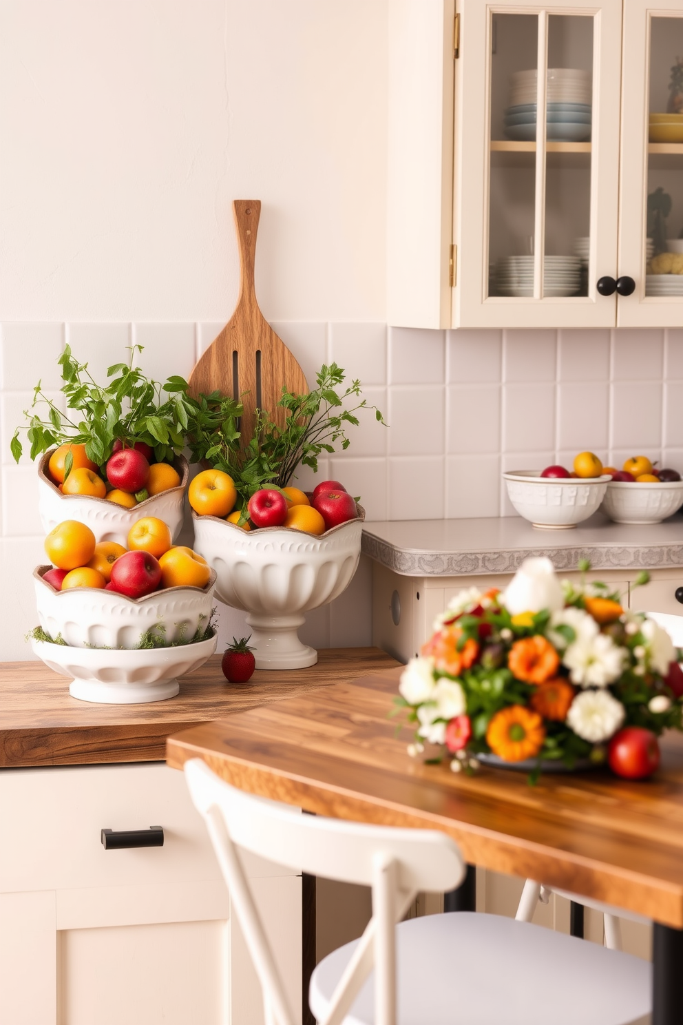 A charming small space kitchen featuring a set of decorative bowls filled with vibrant seasonal fruits. The bowls are arranged on a rustic wooden countertop, surrounded by fresh herbs in small pots to enhance the spring atmosphere. The walls are painted in a soft pastel hue, creating a light and airy feel. A small dining table with minimalist chairs is positioned nearby, adorned with a floral centerpiece that complements the colorful fruit displays.