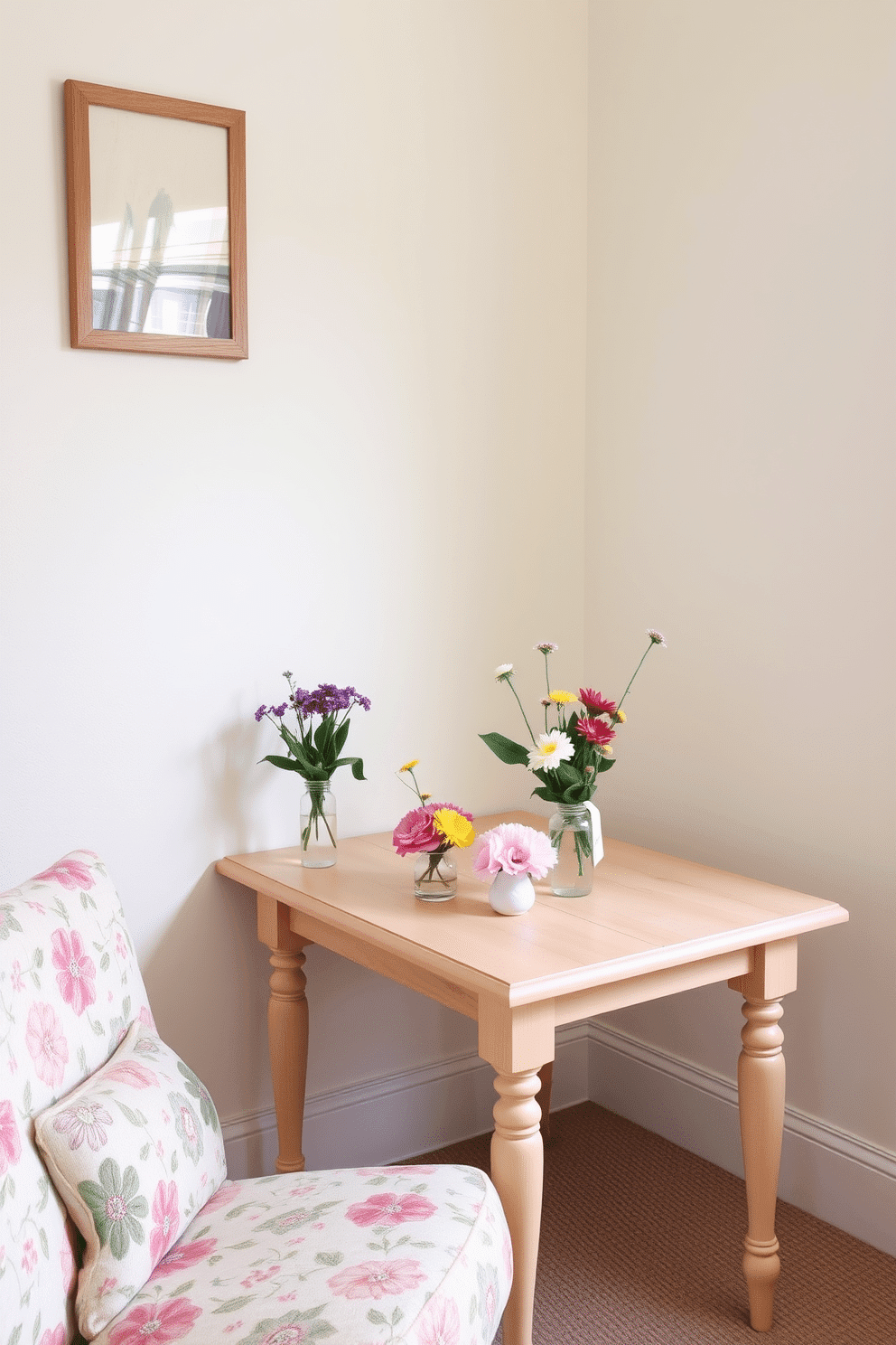 Create a charming small space decorated for spring. Fresh flowers in small vases are placed on a light wooden table, adding a pop of color and vibrancy to the room. The walls are painted in a soft pastel shade, creating a serene backdrop. A cozy armchair with floral patterns sits in the corner, inviting relaxation and warmth.