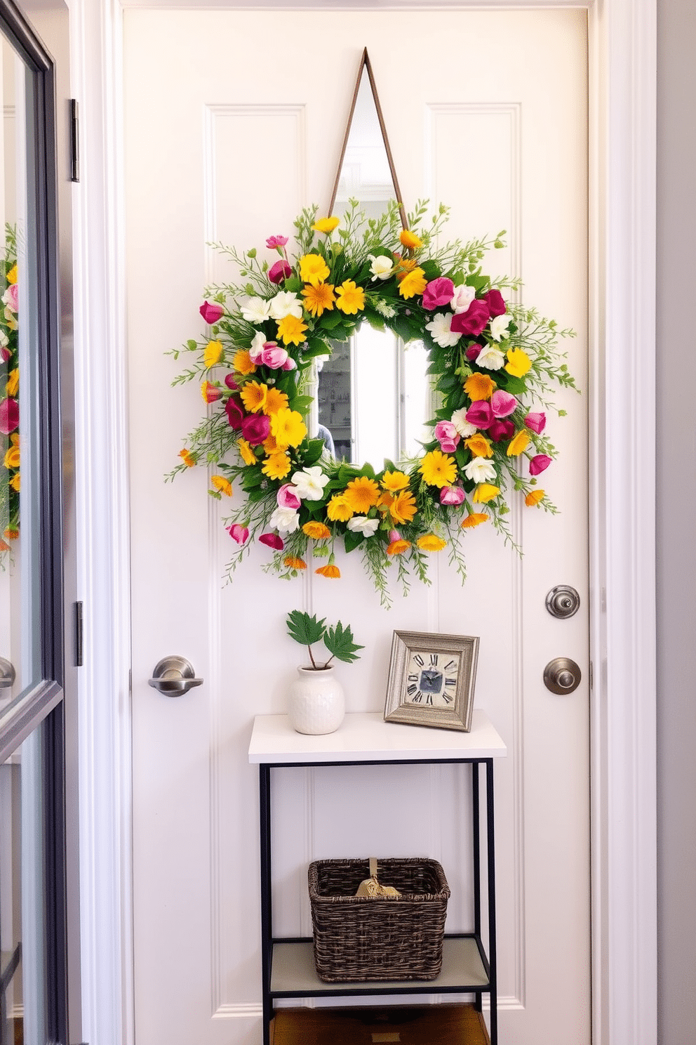 A charming front door adorned with a vibrant spring wreath made of fresh flowers and greenery. The door is painted in a soft pastel color, complementing the seasonal theme and inviting warmth into the small space. Inside, the entryway features a compact console table topped with decorative items like a small vase and a framed photo. A stylish mirror hangs above the table, enhancing the light and making the area feel more spacious.