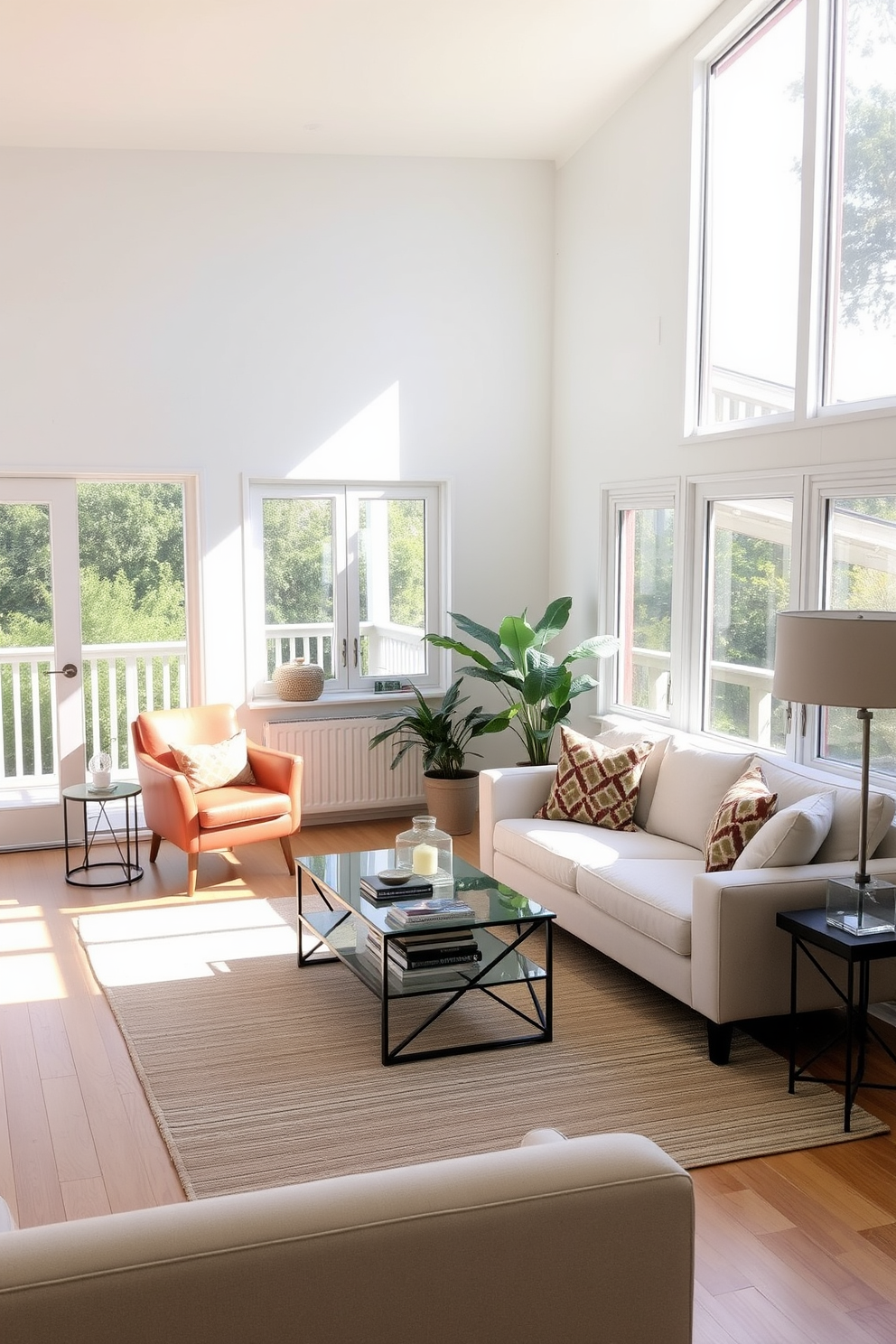 A bright and airy living room featuring lightweight furniture pieces that enhance the sense of space. The room is adorned with a cozy, pastel-colored sofa and a glass coffee table, creating an inviting atmosphere. In one corner, a stylish accent chair complements the sofa, while a small side table holds a vibrant plant. Natural light floods the room through large windows, highlighting the minimalist decor and open layout.