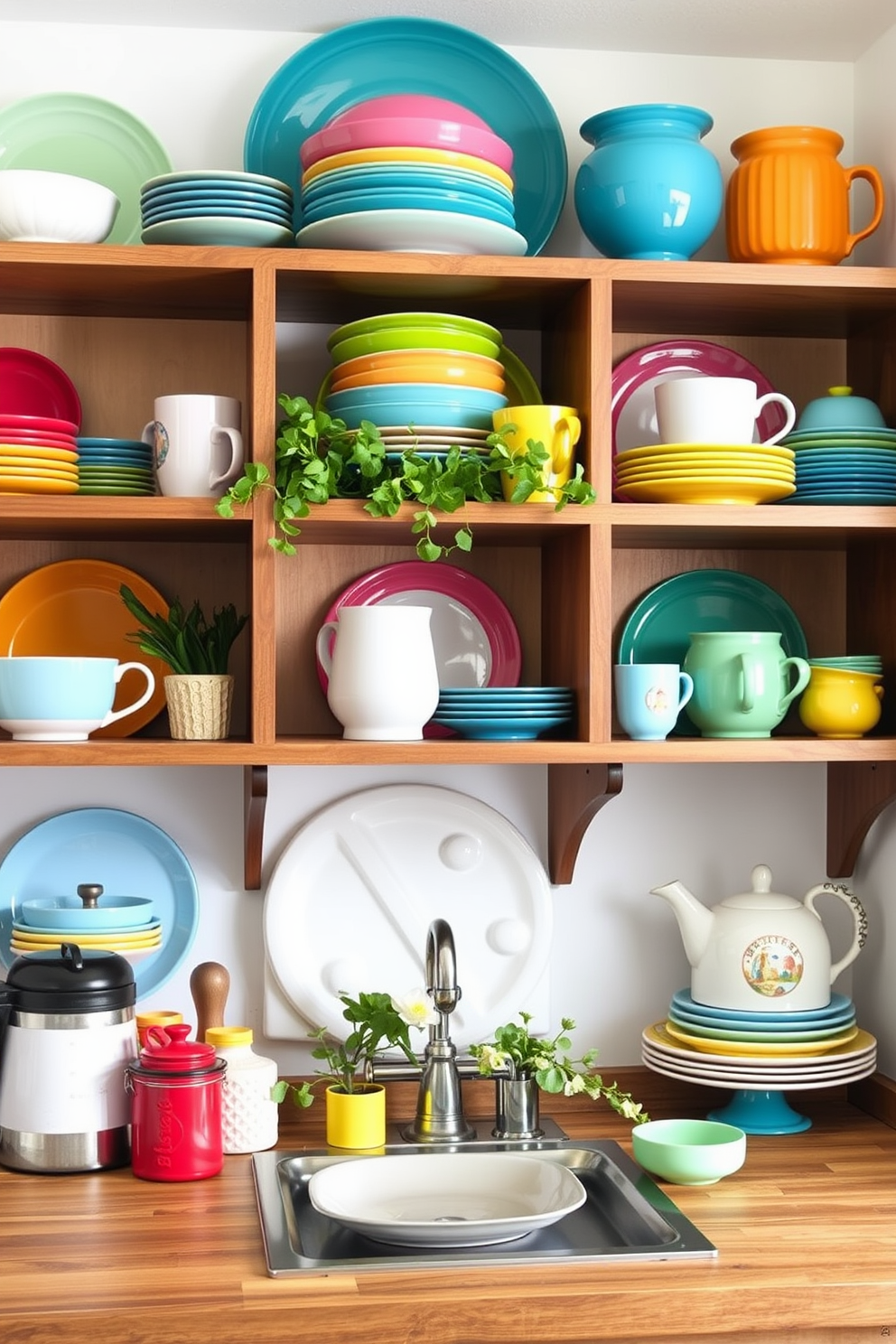 Create a charming small space kitchen featuring open shelves filled with colorful dishware. The shelves are adorned with vibrant plates, bowls, and mugs, adding a playful touch to the room's decor. Incorporate fresh greenery and decorative items between the dishware to enhance the aesthetic. The overall design should evoke a cheerful and inviting atmosphere, perfect for spring.