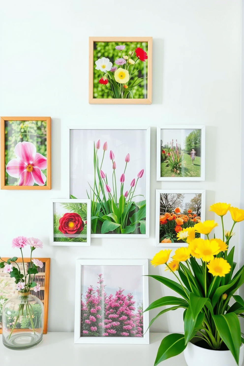 Create a mini gallery of spring photos showcasing vibrant flowers and lush greenery. The gallery features framed images of blooming gardens and colorful landscapes arranged in a bright and airy space. Incorporate small space decorating ideas that emphasize light and openness. Use pastel colors and natural materials to create a fresh and inviting atmosphere.