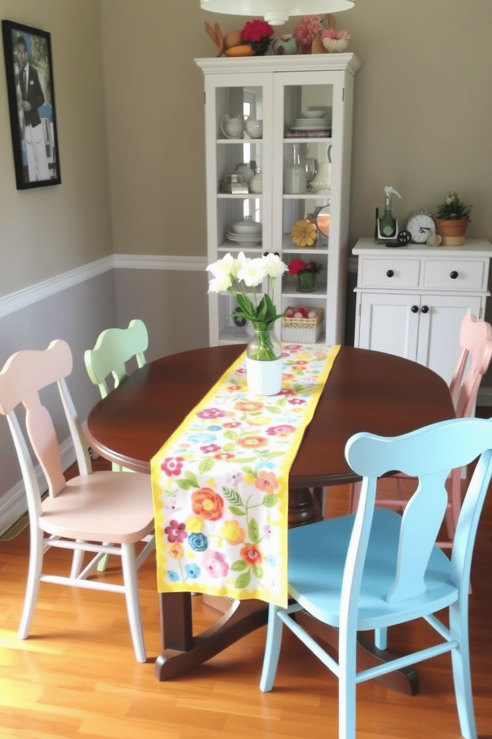 A cheerful dining table setting in a small space features a vibrant table runner adorned with playful floral patterns. Surrounding the table are mismatched chairs in pastel colors, creating an inviting and whimsical atmosphere.