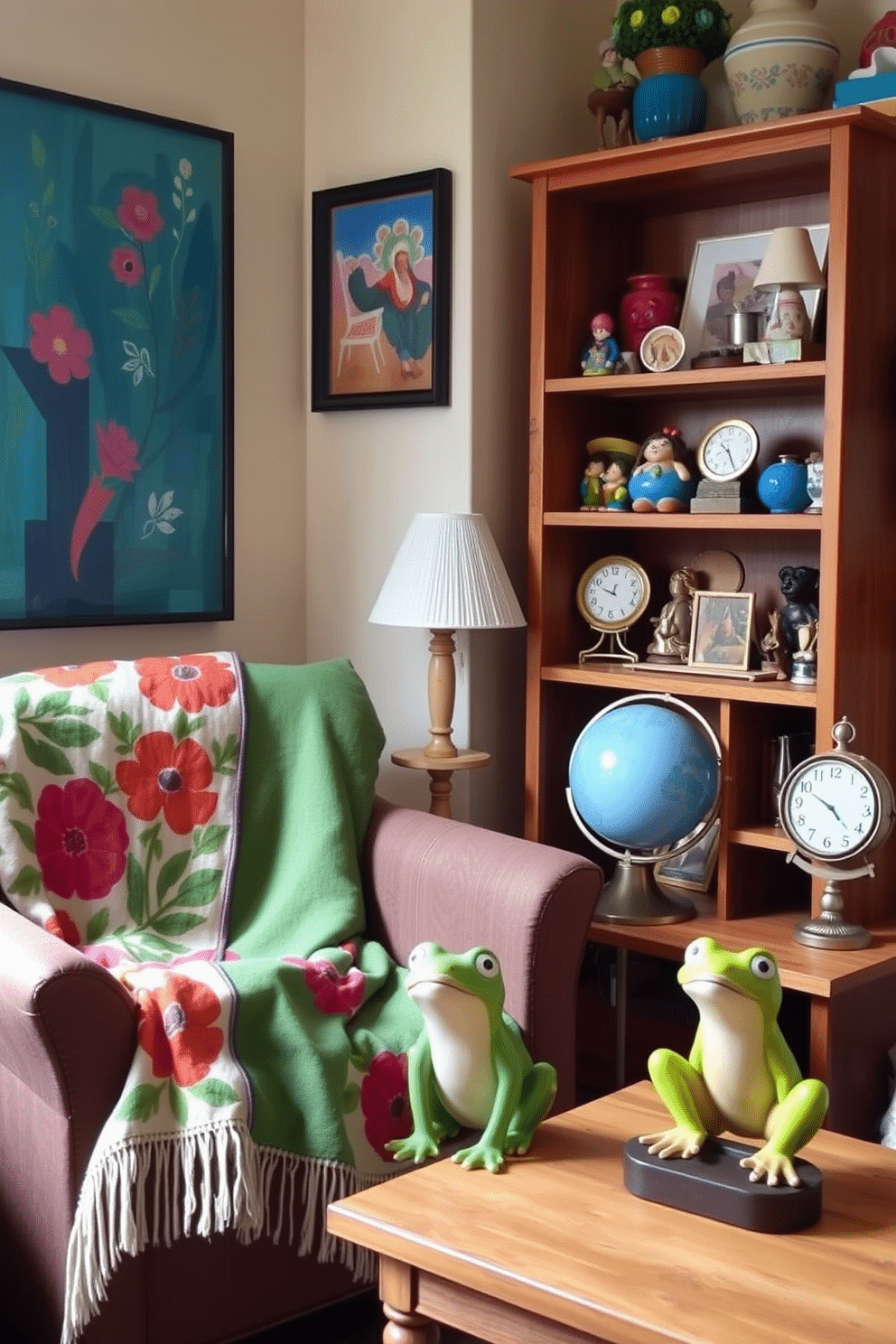 A charming small living area filled with whimsical decorative objects. A vibrant floral patterned throw blanket drapes over a cozy armchair, while a quirky ceramic frog sits playfully on the side table. The walls are adorned with colorful artwork featuring abstract designs. A small bookshelf displays an assortment of unique trinkets, including a miniature globe and a whimsical clock, adding character to the space.